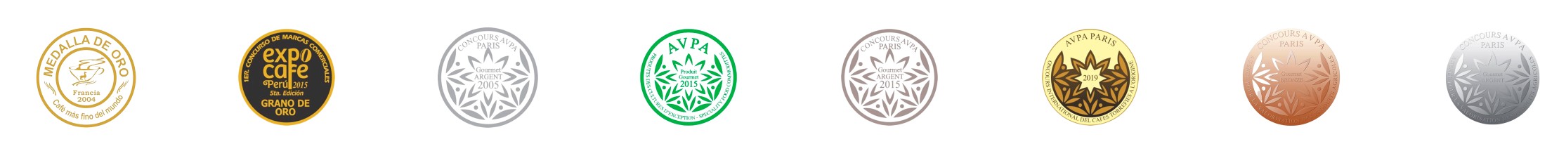 Accumulated medals: Paris Gold 2004, ExpoCafé Peru Gold 2015, AVPA Silver 2005, AVPA 2015 seals, AVPA Gold 2019, AVPA Bronze 2021, AVPA Silver 2021–2022